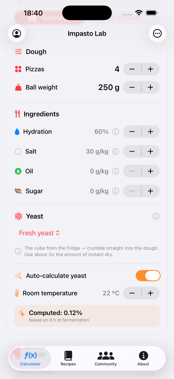 Impasto Lab calculator with hydration, salt, oil and sugar controls plus auto-calculated fresh yeast