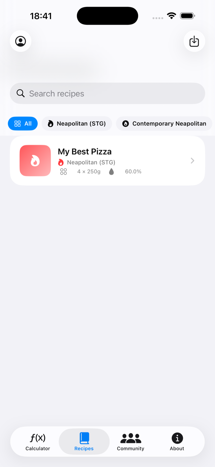 Impasto Lab recipe library with a saved Neapolitan recipe and style filters
